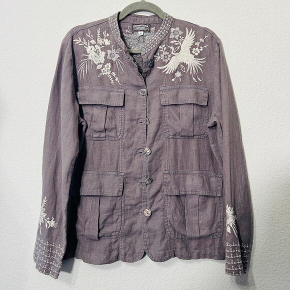 Johnny Was Workshop Oleander Linen Jacket Grey Safari Embroidered Women Medium - Picture 3 of 16